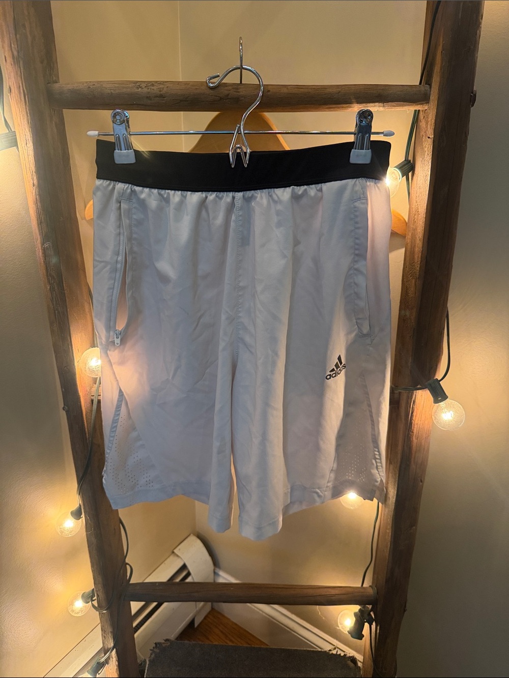 adidas Men’s White Athletic Shorts with Black Waistband and Zipper Pockets